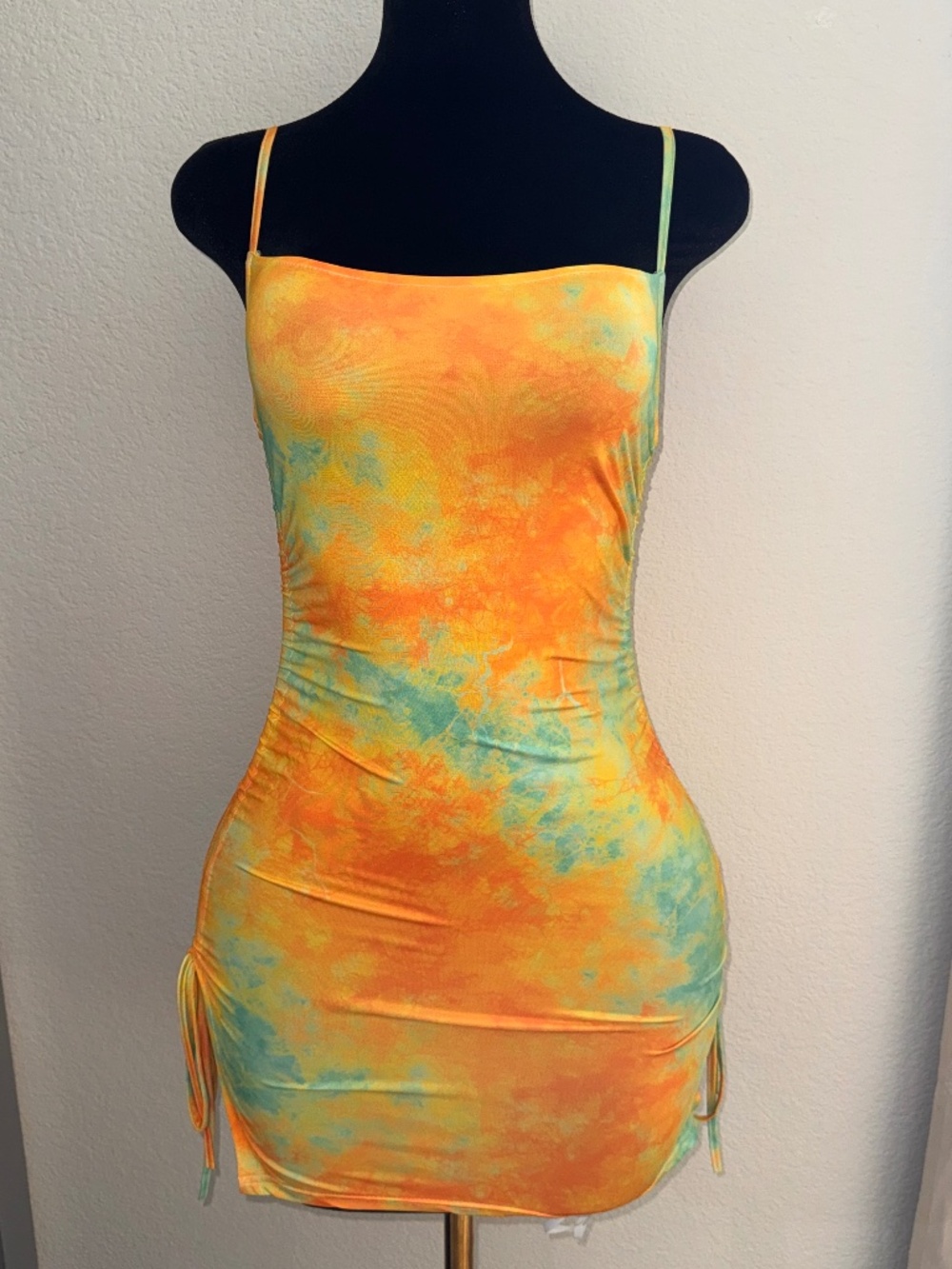 Adjustable Tie Dye Ruched Mini Dress | Side Drawstring | Vacation/Going Out